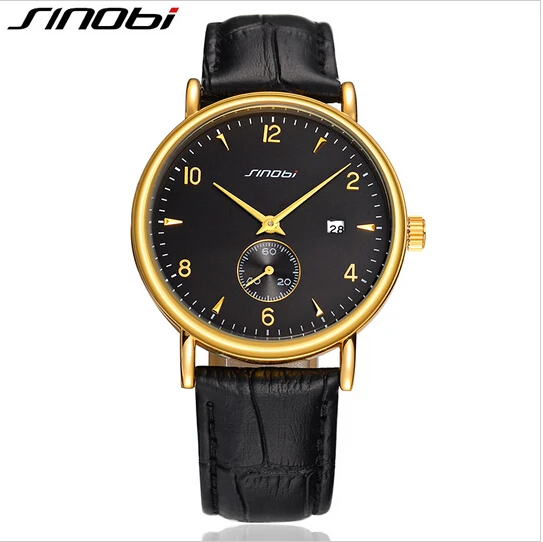 SINOBI Fashion Gold Wrist Watch Men Luxury Brand Watches Leather Strap Auto Date Men's Clock saat erkek kol saati | Наручные часы