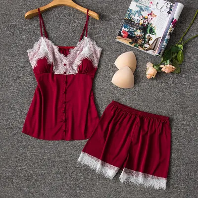 wine red 2pcs Daeyard, женские шелковые пижамы, 4 шт, пижамные комплекты, одежда для сна, Сексуальная кружевная отделка, для сна, для отдыха, v-образный вырез, халат, пижама, весна-лето, домашняя одежда - Цвет: wine red 2pcs