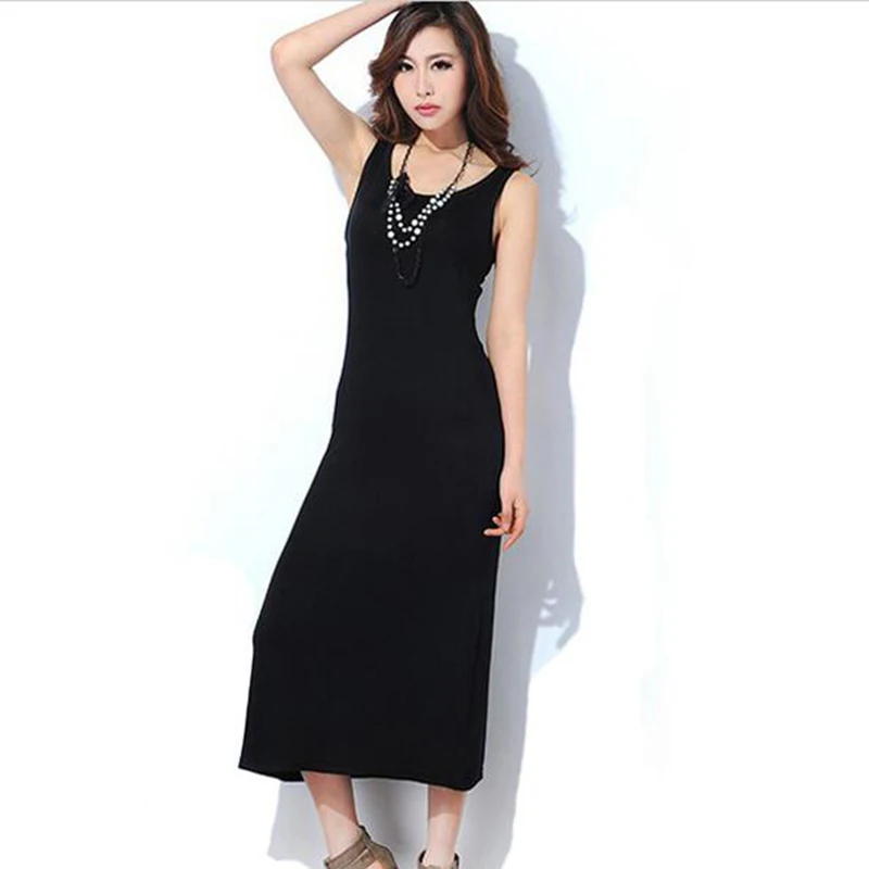 Женское летнее платье без рукавов с круглым вырезом длинное из модала однотонное