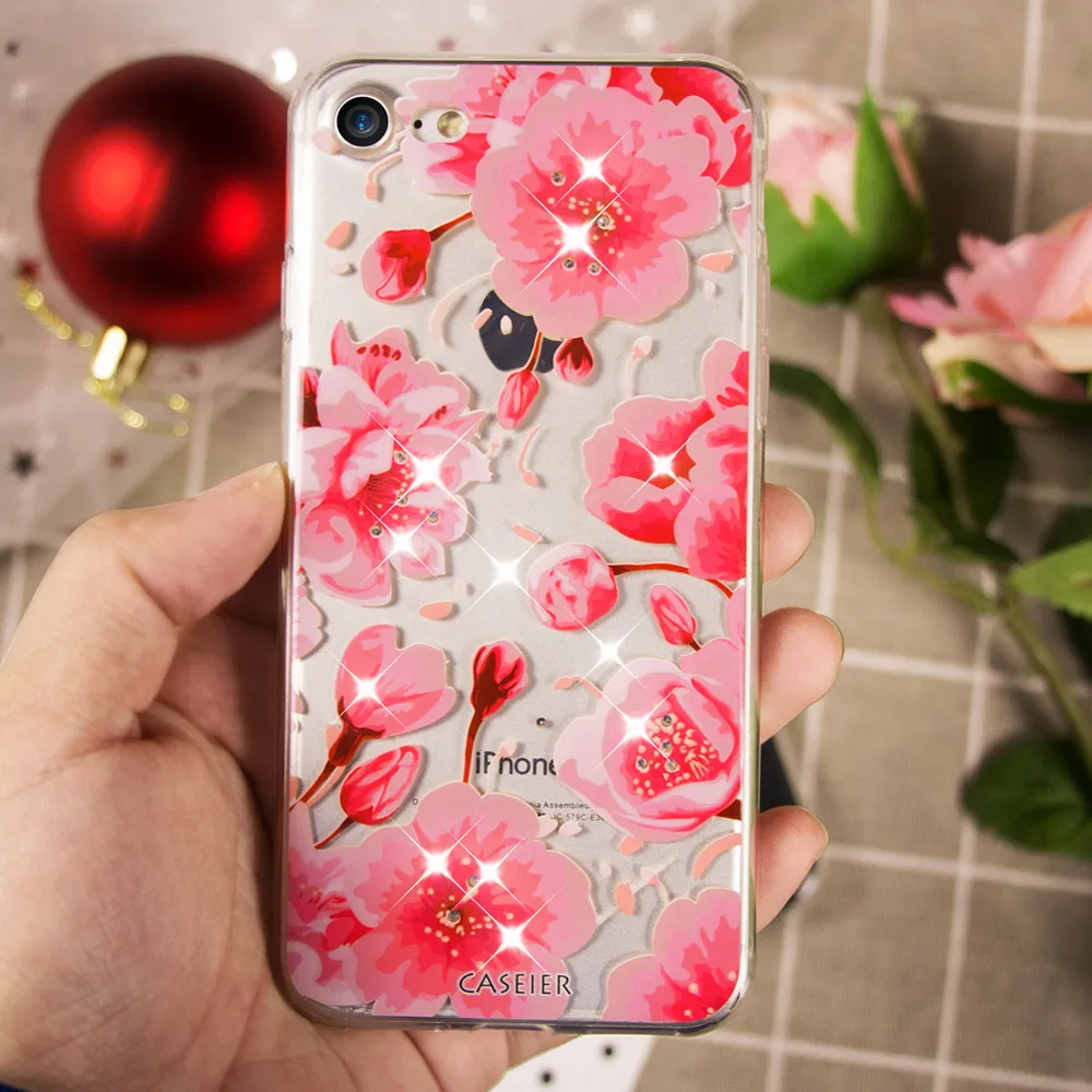 Caseier цветок горный хрусталь телефон чехол для iPhone 6 6S Plus блеск мягкий силиконовый