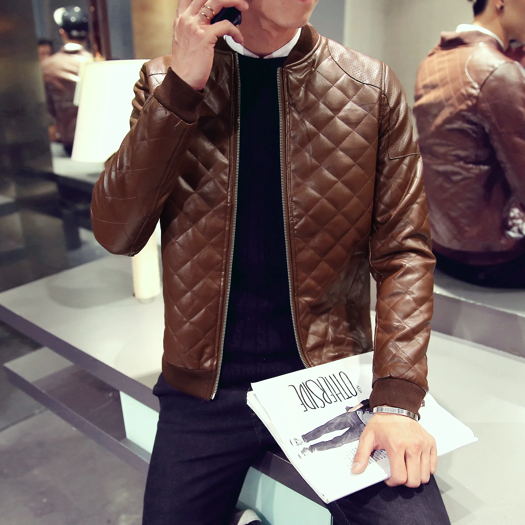 Мужская зимняя куртка из ПУ кожи с карманами на молнии|2016 winter jacket men|brand mendesigner jackets