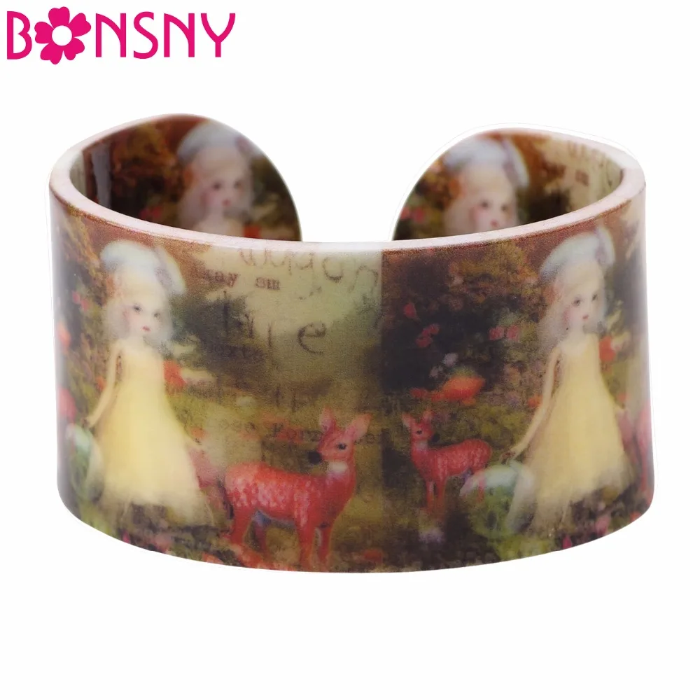 

Bonsny Fantasy Deer Fairy Girl Pattern Wide Cute Bracelets Bangles For Women 2017 News Fashion Jewelry Spring Summer Accessories