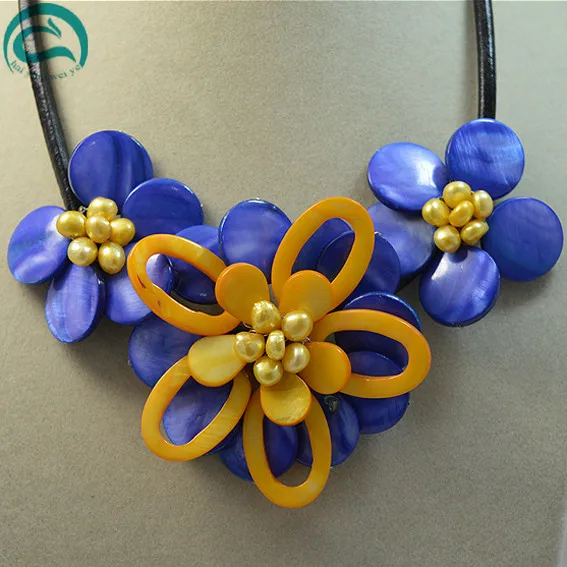 

Unique Pearls jewellery Store Handmade Natural Real Pearl Blue Yellow Shell Flower Leather Necklace Chirstmas Gift For Women