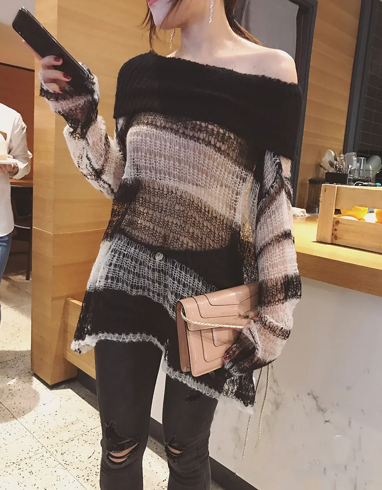 WHITNEY WANG 2019 Autumn Fashion Streetwear Sexy Slash neck Striped Mohair Sweater Women Jumper Pullover sueter mujer invierno | Женская