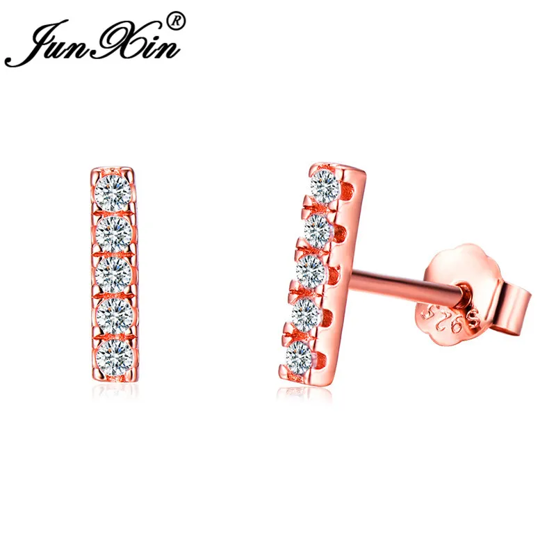 Rose Gold Earrings JUNXIN, настоящее 925 пробы, серебряные серьги-гвоздики для женщин, розовое золото, маленькие белые циркониевые Двойные серьги, женские свадебные серьги-гвоздики, CZ - Окраска металла: Rose Gold Earrings