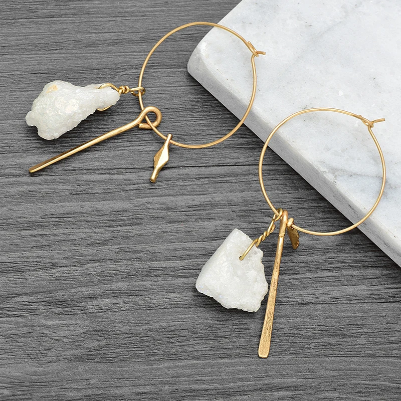 Женские круглые серьги кольца ручной работы из белого камня винтажные