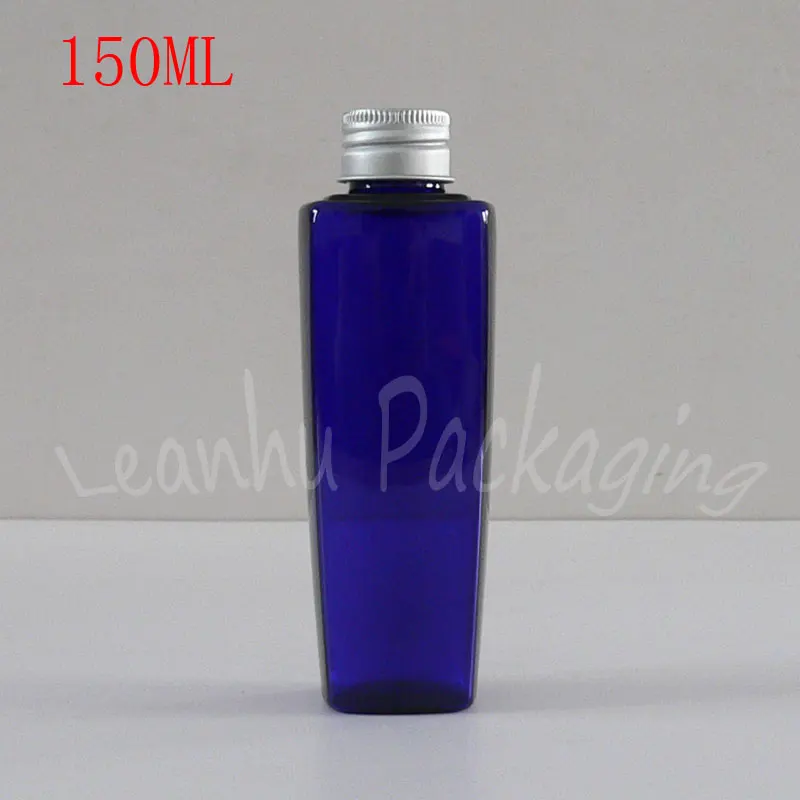 150ML Blue Conical Square Plastic Bottle With Aluminum Cap , 150CC Lotion / Toner Packaging Bottle , Empty Cosmetic Container