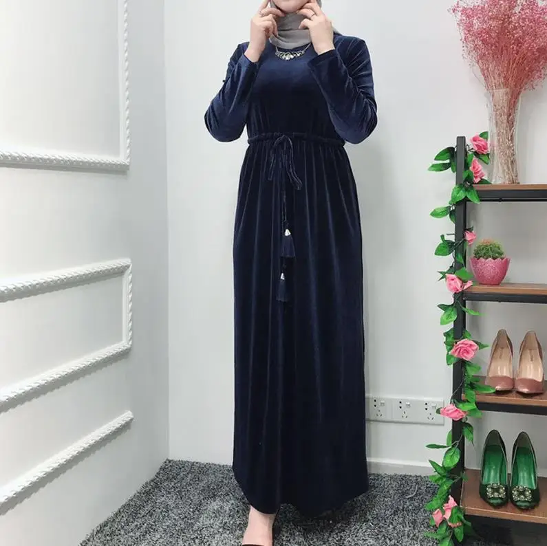 Dark blue dress Бархатная абайя Femme кафтан халат Дубай мусульманский хиджаб платье элегантный Турция Абая для женщин Кафтан Marocain Рамадан Исламская одежда - Цвет: Dark blue dress