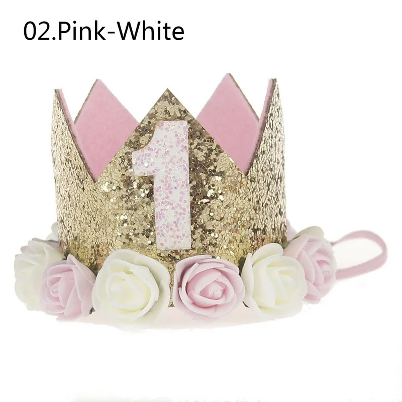 Pink White 1 Вечерние шапка с цветком корона для маленьких девочек на день рождения 1, 2, 3 года Принцесса Корона вечерние Головные уборы Детские аксессуары для волос для фотосессии - Цвет: Pink White 1