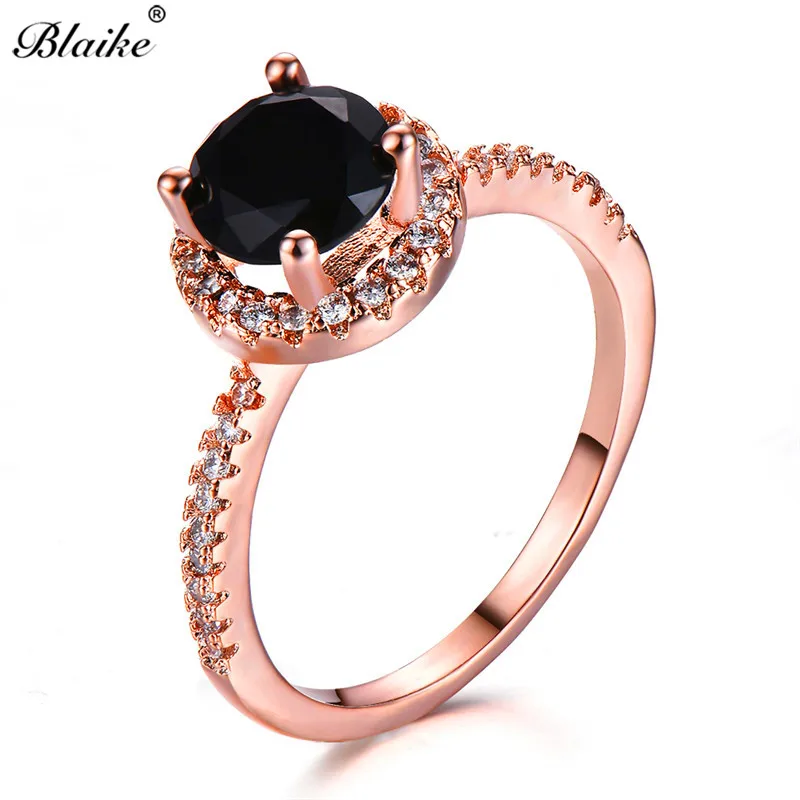 Blaike ретро черные круглые циркониевые кольца для женщин, однотонный цвет розовое золото, обручальные свадебные украшения из камня на день рождения, подарки на день Святого Валентина на Хэллоуин