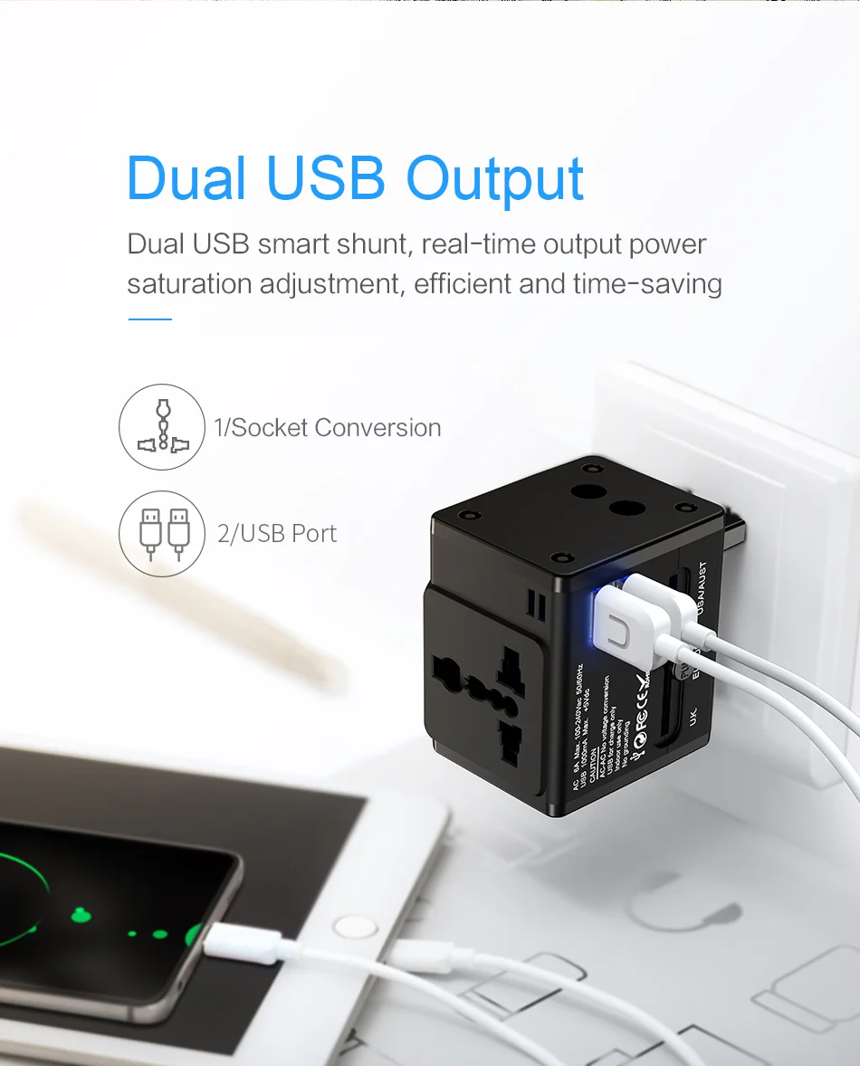 Двойное зарядное устройство USB с глобальной конвертацией, универсальное зарядное устройство для телефона USAMS, зарядное устройство USB с поддержкой ЕС/США/Великобритании/Австралии