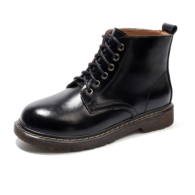 Black Leather Boots Классические ботинки из натуральной кожи; женские осенние ботильоны на шнуровке; женские зимние ботинки martin с круглым носком на платформе; женская обувь - Цвет: Black Leather Boots