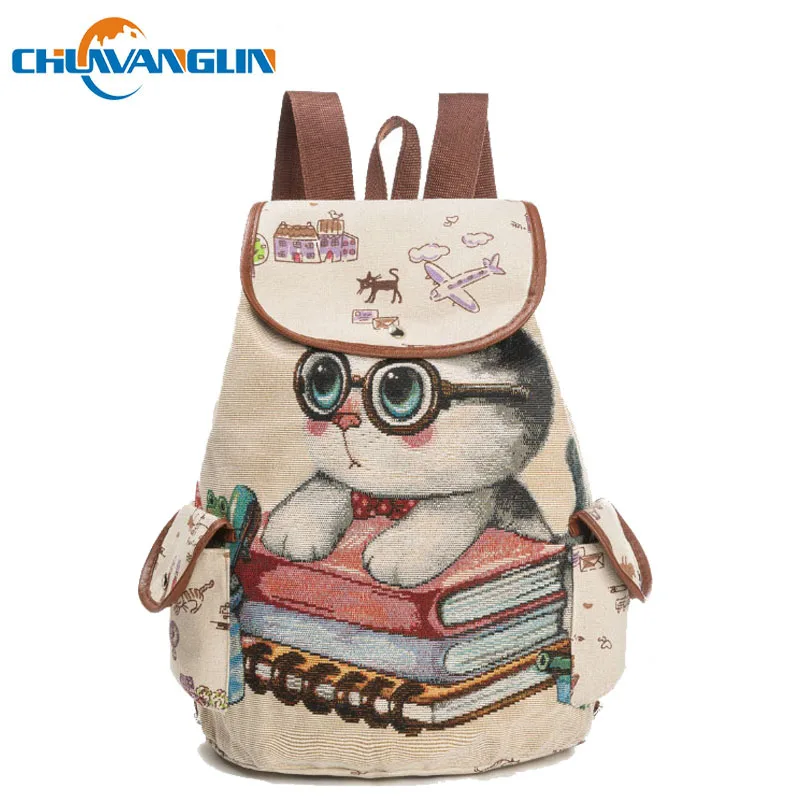 Chuwanglin женский холщовый рюкзак с милым котом принтом на шнурке рюкзаки для