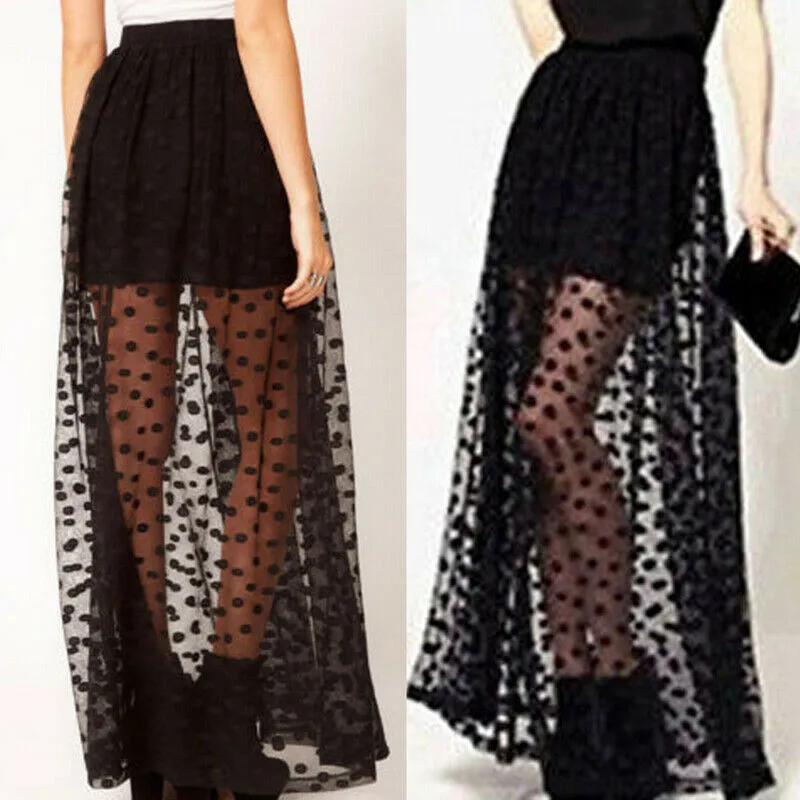 Женские Летние черные сетчатые длинные юбки пикантные двухслойные свободные