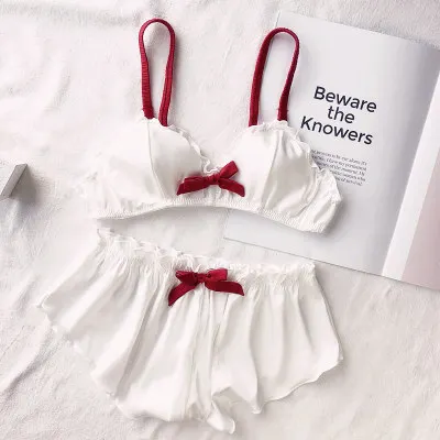 women silk sexy bralette panties sleepwear bra set wireless lingerie young ladies underwear fashion triangle thin pad intimates - Цвет: Белый