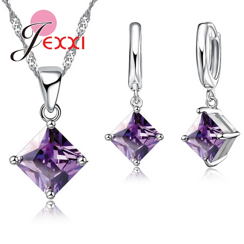 

Women Accessories Pendant Necklace Earrings Jewelry Set Girl Square Shinny CZ Crystal Pendant 925 Sterling Silver