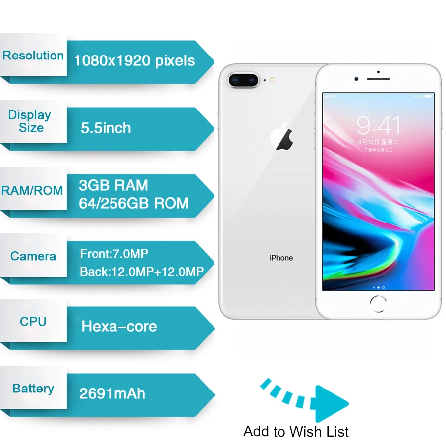Разблокированный смартфон Apple Iphone 8 plus 2675 мАч 3 ГБ ОЗУ 64 ГБ/256 Гб ПЗУ 12 0 МП сканер
