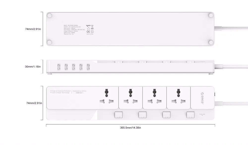 ORICO OSJ универсальный стабилизатор напряжения с 5 USB зарядным устройством 4 Универсальный разъем переменного тока мульти-розетка дорожные полосы питания-белый