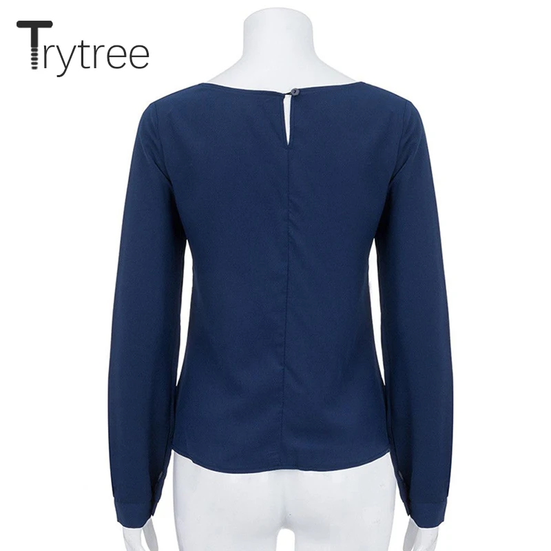 Trytree Summer Autumn Top Women Blouse Casual Shirt Solid Polyester O-Neck Tops Hollow Out Sleeves clothes Office Lady Shirts |
