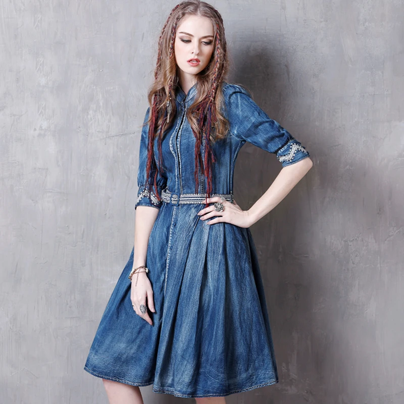 Летние женские платья 2017 платье из джинсовой ткани винтажное с цветочной