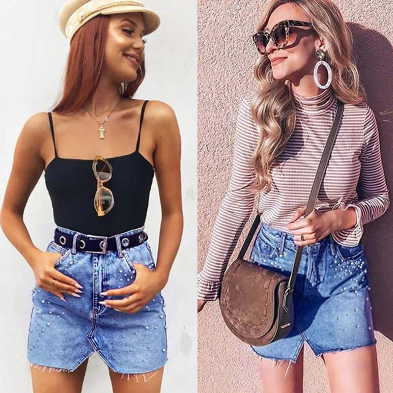 

Jeans Skirt Women's Summer High Waist Denim Skirts Pearl Diamond Studded Package Hip Miniskirt Saia Feminina 2019 Faldas Mujer