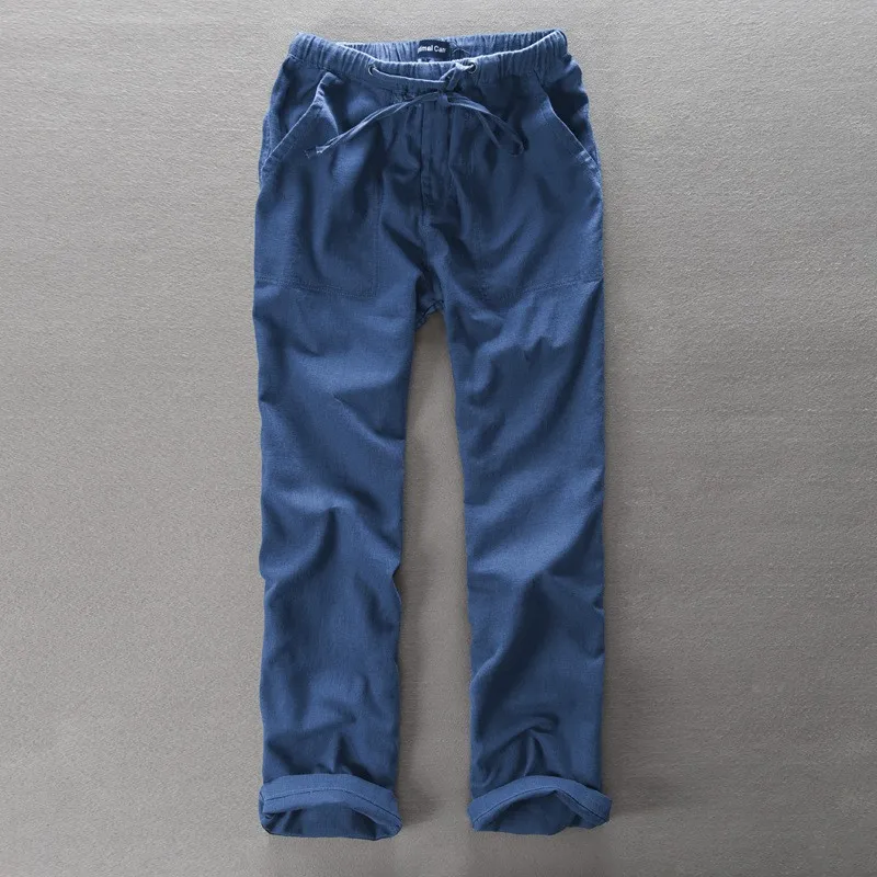 Dark BLue Мужские штаны из льна и хлопка полная длина летняя просторная легкая Повседневная льняная брюки мужские удобные домашние штаны для отдыха мужские PT-196 - Цвет: Dark BLue