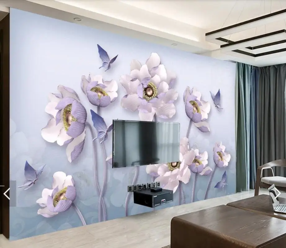Embossed Peony Flower Butterfly View Wallpaper 3D Wall Mural for Living Room Contact Paper Papers Roll Hand Painting Murals |