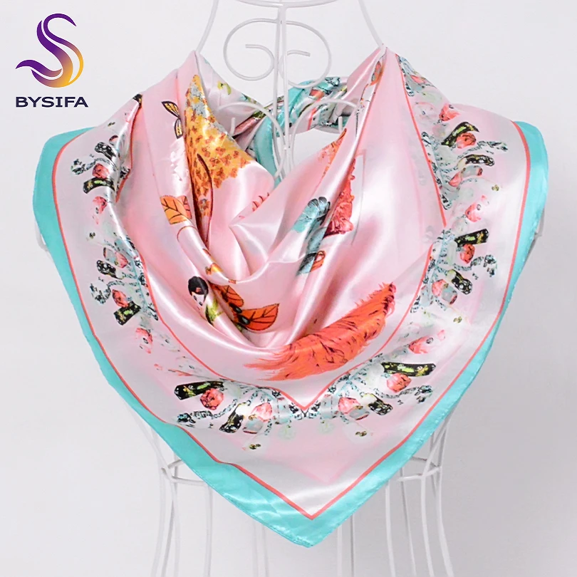 

[BYSIFA] Winter French Silk Scarves Hijab Neck Scarves 90*90cm Floral Character Pink Blue Women Satin Large Square Scarves Shawl