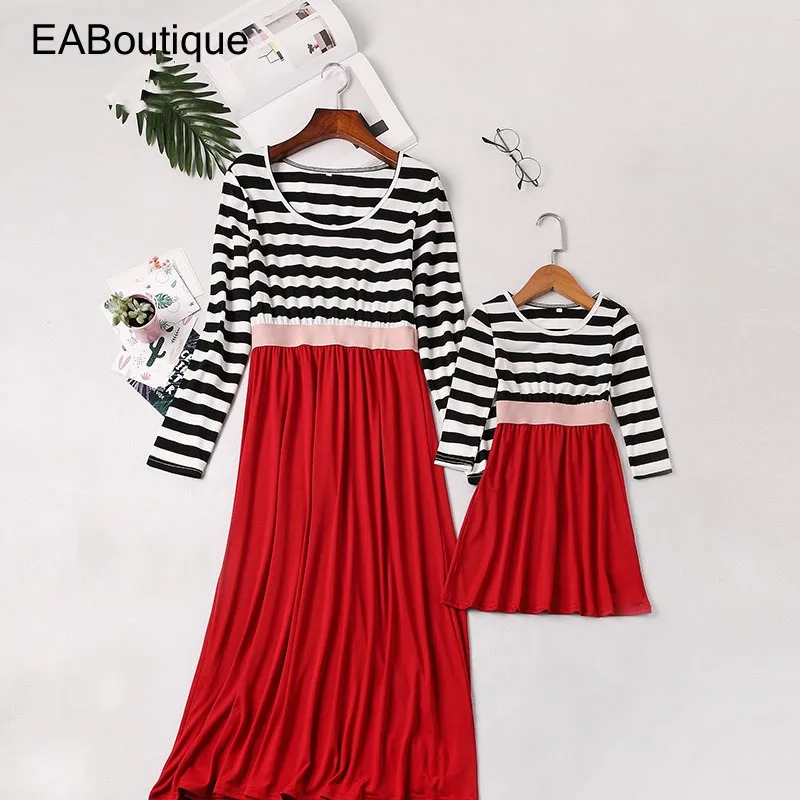 EABoutique/модное хлопковое платье для мамы и дочки милая полосатая одежда с круглым