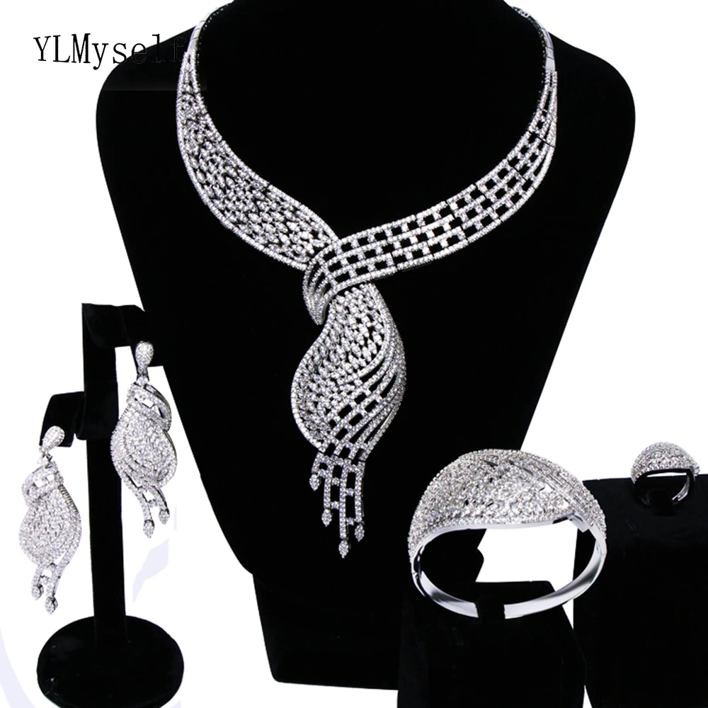 Большие роскошные наборы из 4 предметов для свадебной вечеринки ожерелье +