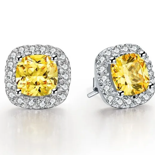 

3 CT/ Piece High Quality Cushion Yellow SONA Simulate Diamonds Golden Stud Earrings Best Wedding Anniversary Day Gift For Her