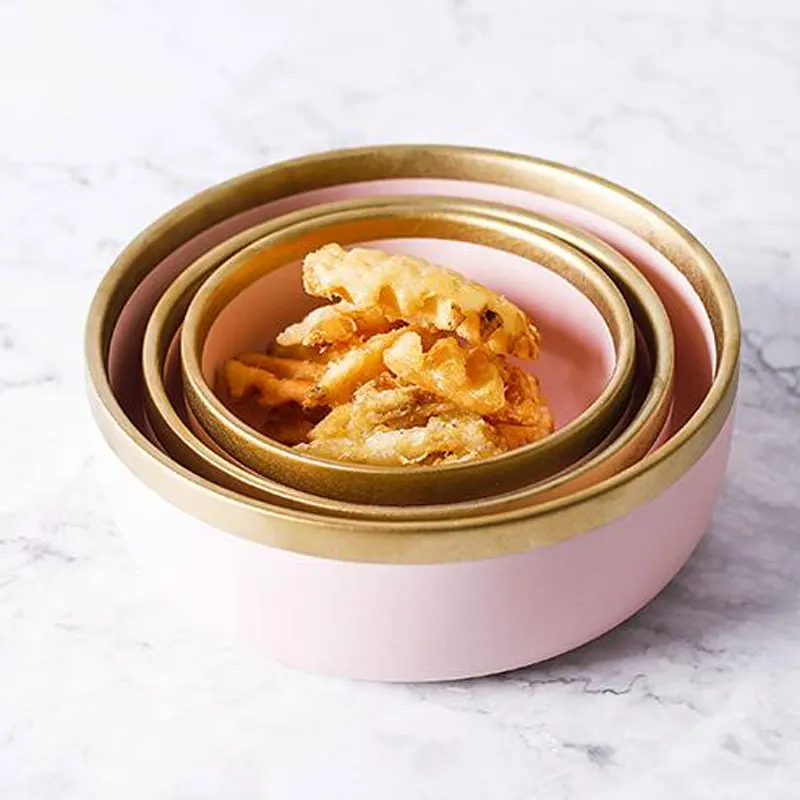 

Ceramic pink color golden slim dinner plate set mixing rice soup ramen bowl for lady
