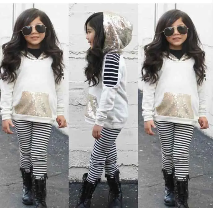 

New Autumn Baby Girl Clothes Sequins Hoodie Tops T-shirt Cotton Striped Pants 2pcs Outfit Girls Clothing Set Tracksuit Size 1-5Y