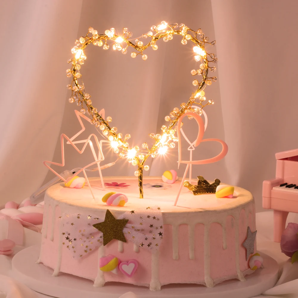 

1PC Heart Shape LED Lighting Pearl Cake Toppers Baby Happy Birthday Wedding Cupcakes Party Cake Flashing Decorating Tool 2022