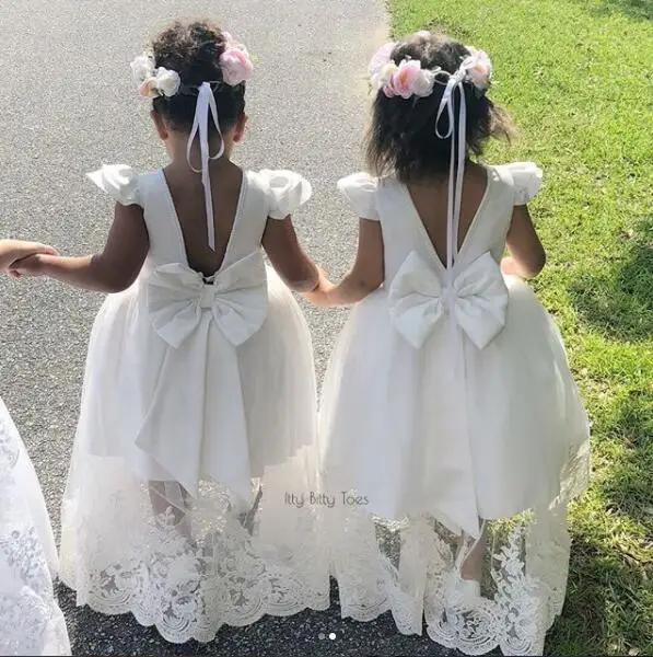 Vintage ivory high low lace appliques flower girl dress backless pearls beaded birthday party outfit for photoshoot wedding | Детская