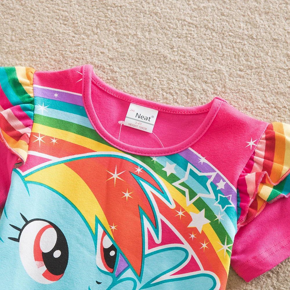 JUXINSU My Baby Girl New Summer Little Pony Short Sleeve Dresses Cartoon Cotton Rainbow Stripes for 1-8 Years | Детская одежда и