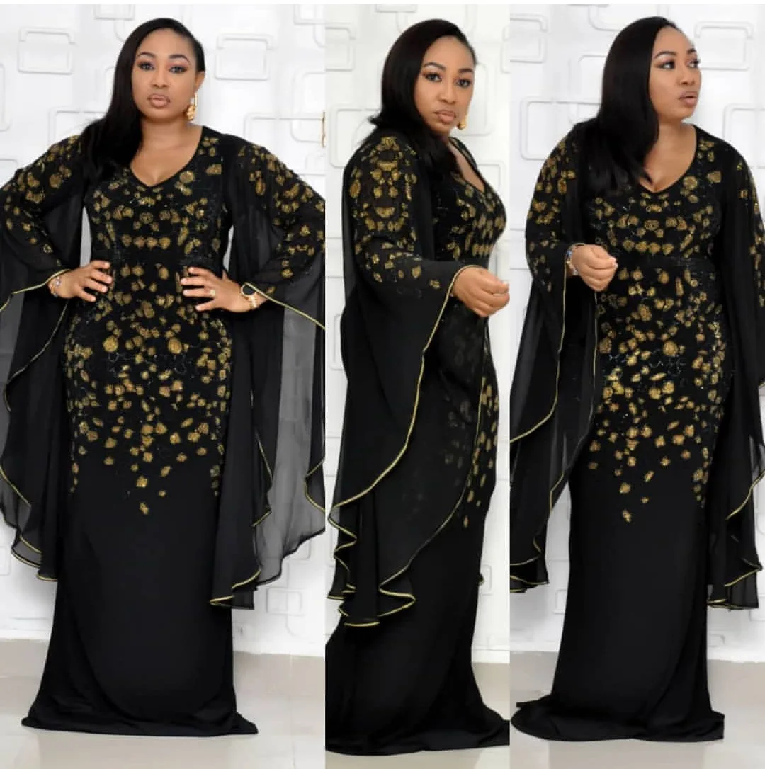 African Dresses for Women Dashiki African Clothes Bazin Broder Riche Sexy Slim Ruffle Sleeve Robe Evening Long Dress