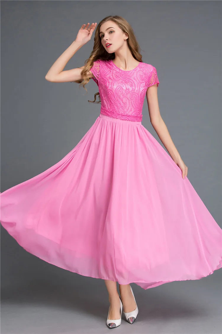 2017 модные милые шифон Сращивание Кружева Круглый воротник с коротким рукавом