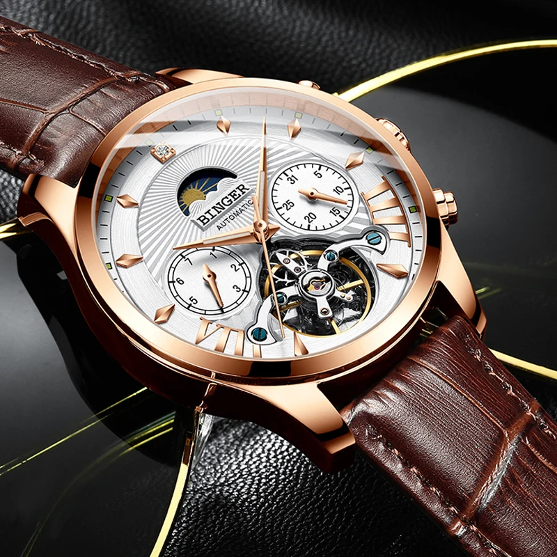 Switzerland BINGER автоматические механические часы Tourbillion мужские часы лучший бренд класса люкс Натуральная кожа водонепроницаемые часы relogio