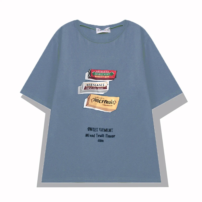 2019 new fashion women's two piece set Short Sleeve Tops Snacks Cartoon Print T-Shirt + Pack Hip Skirt Two-Piece Set | Женская