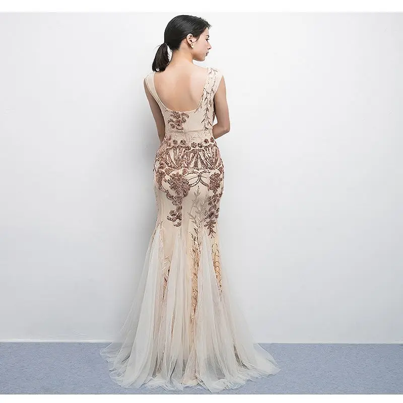 Длинное вечернее платье без рукавов с блестками для свадьбы кружевное