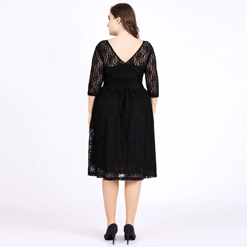 TUHAO Summer Lace Dress Women Clothing Three Quarter Sleeve V-neck High Waist Midi Elegant Loose Plus Size Black T1806 | Женская одежда