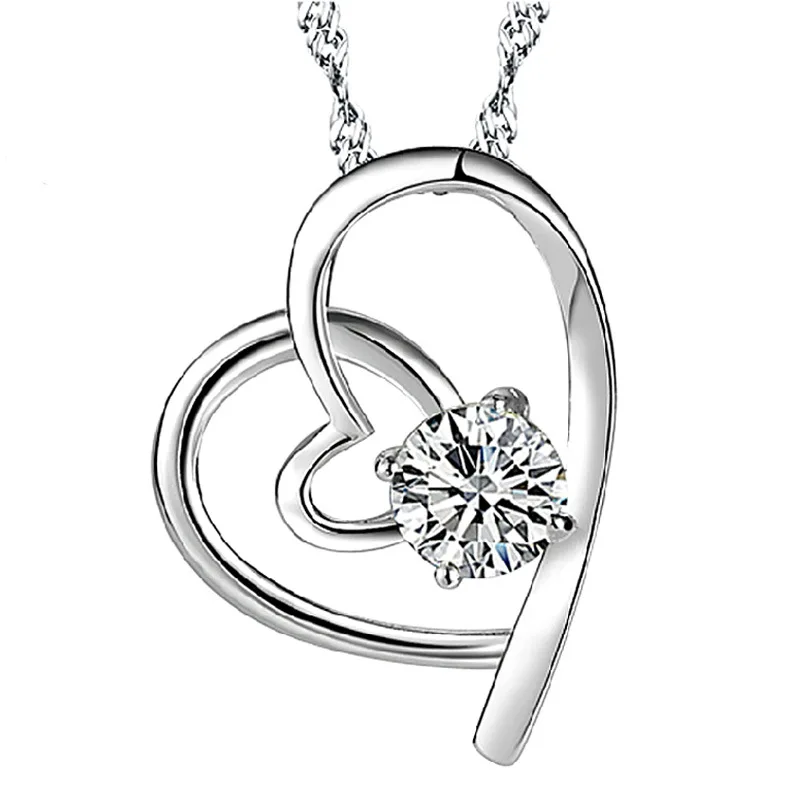 

100% 925 sterling silver shiny crystal romantic double heart pendant necklaces for women jewelry birthday gift wholesale