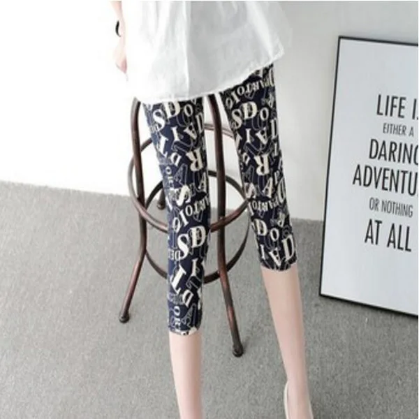Blue letters 7pants VIIANLES/летние короткие леггинсы; леггинсы с цветочным принтом со звездами; женские леггинсы; повседневные леггинсы; эластичная укороченная брюки; капри; Jeggin - Цвет: Blue letters 7pants