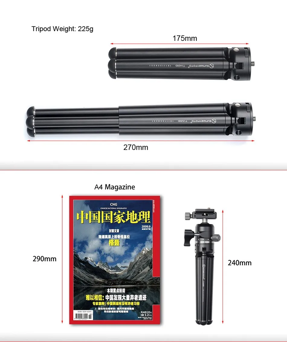 SUNWAYFOTO T1A20D-T Профессиональный мини штатив для камеры стенд Para Movil Tri/шаровая Головка T1A20D/XB-28