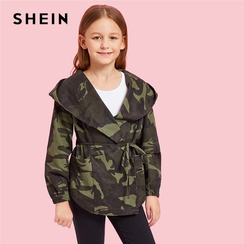 SHEIN/Детская камуфляжная куртка с капюшоном и поясом для девочек; пальто; детская одежда; коллекция года; Осенняя Повседневная куртка с длинными рукавами для подростков
