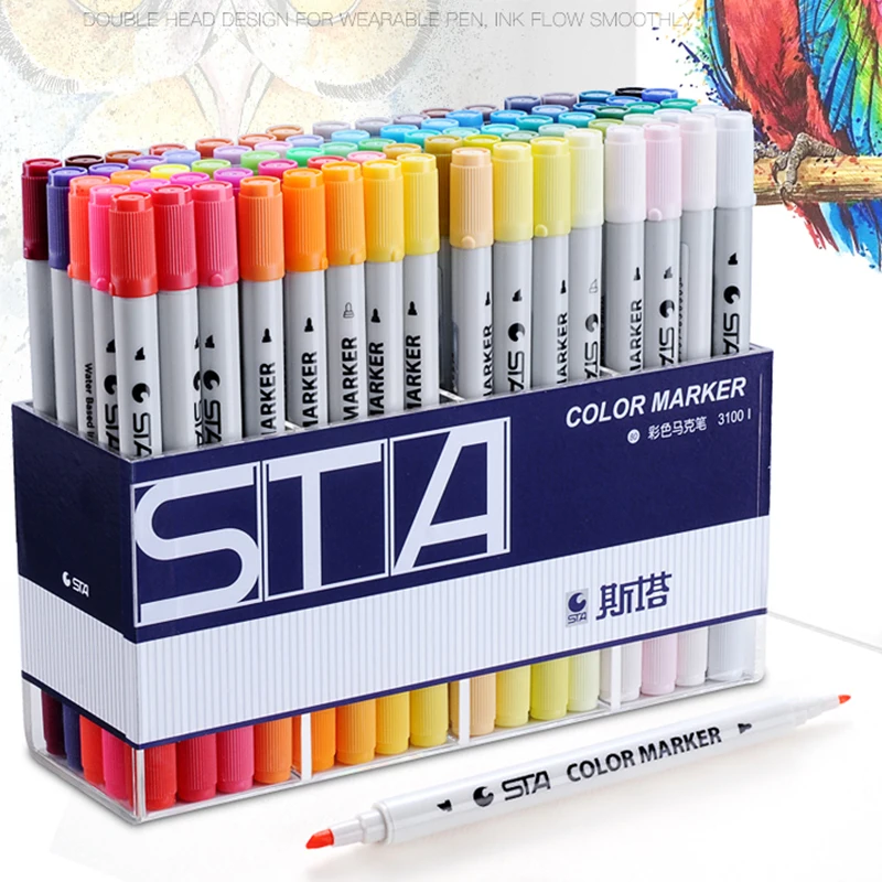 

STA 3100 Double-head Colored Water Marker Student Hand Painting 12/24/36/48/60/80 Color Set Alcohol Ink Non-toxic Art Mark
