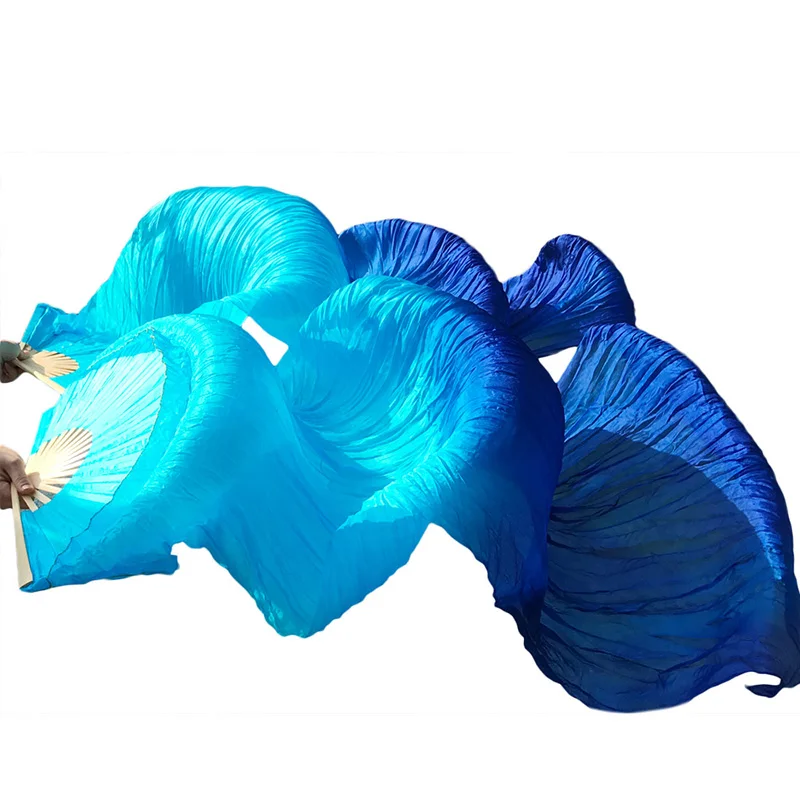 Stage Performance 100% Silk Belly Dance Fans Gradient Colour Accessories Dancing turquoise+ royal blue | Тематическая одежда и