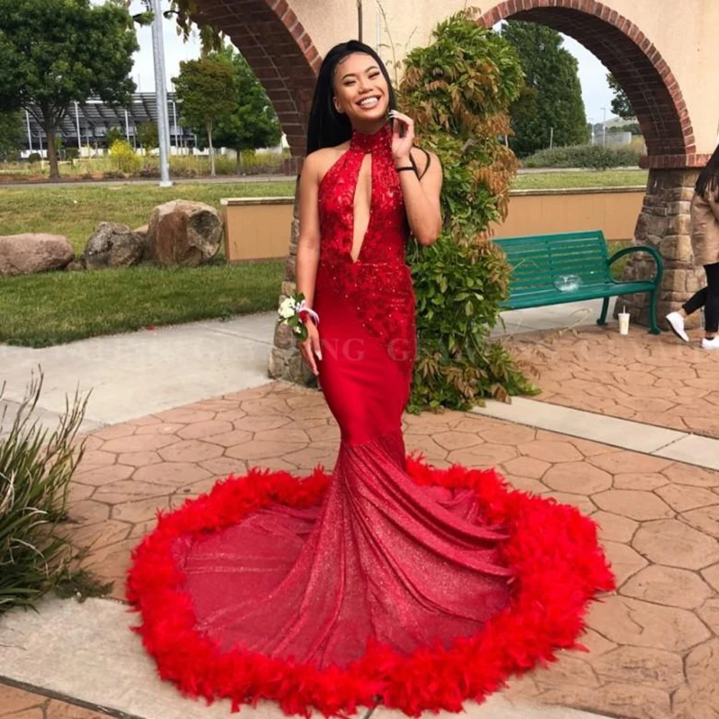 Sexy Red Feather Mermaid 2K19 Prom Dresses Backless Halter Lace Black Girls African Arabic Formal Evening Party Gowns | Свадьбы и