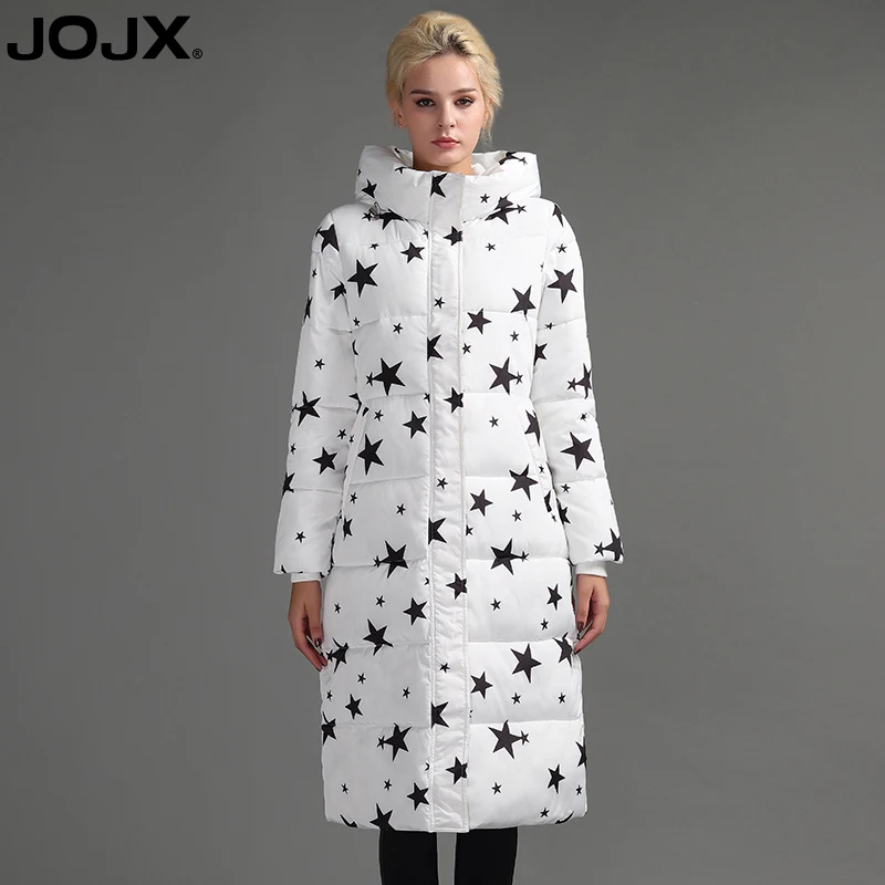 JOJX Новая женская зимняя куртка с принтом, длинный пуховик с капюшоном, теплые зимние парки, модное пальто, женские зимние стеганые пальто